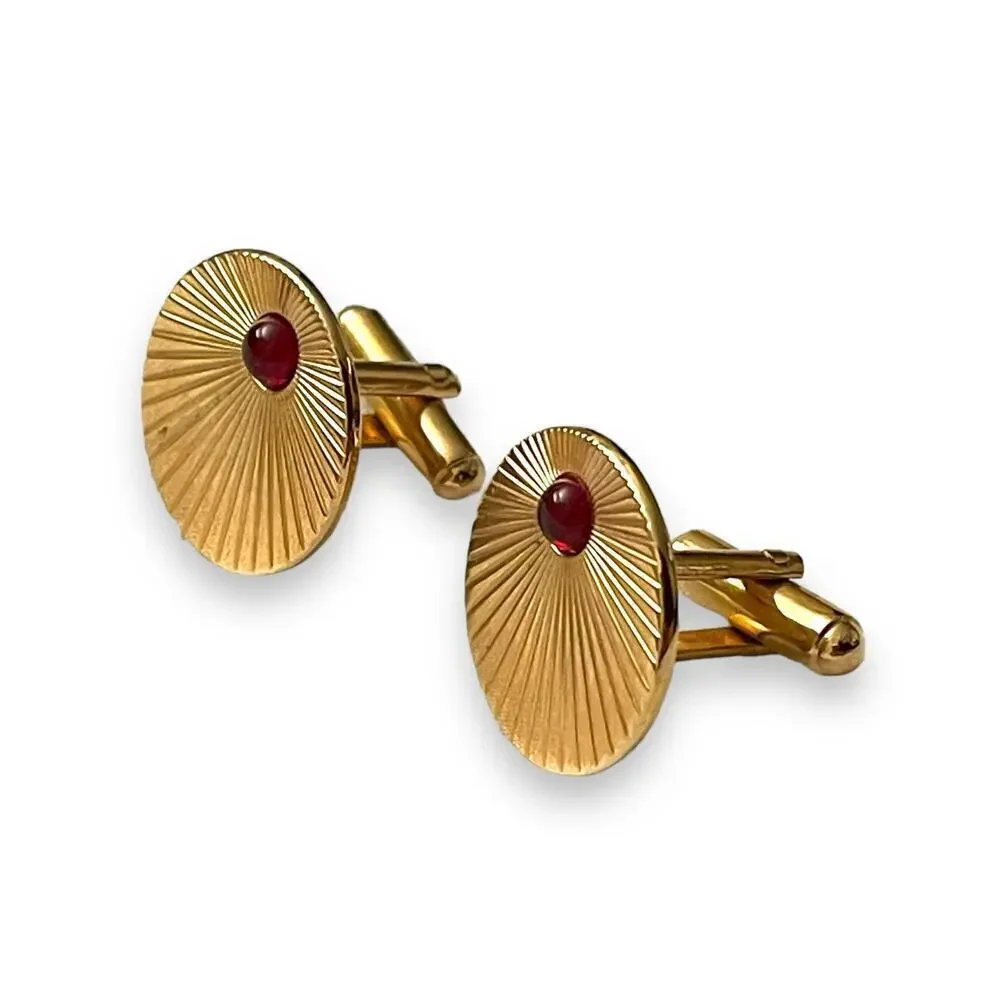 Vintage Hickok Cufflinks Mens Gold Tone Red Glass Cabochons Art Deco Signed USA